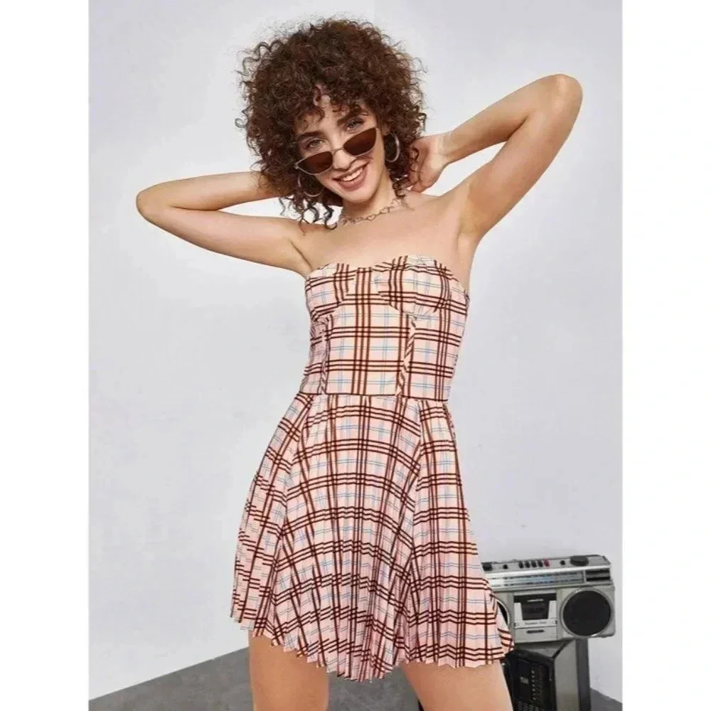 SHEIN Plaid Print Pleated Strapless Dress XL